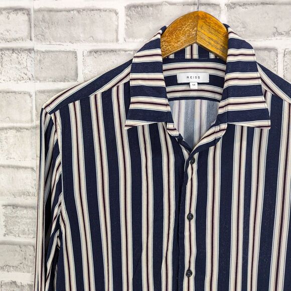 REISS Men's Button up Keanu Striped Shirt Blue Stripes 100% Viscose size Medium - Picture 5 of 7